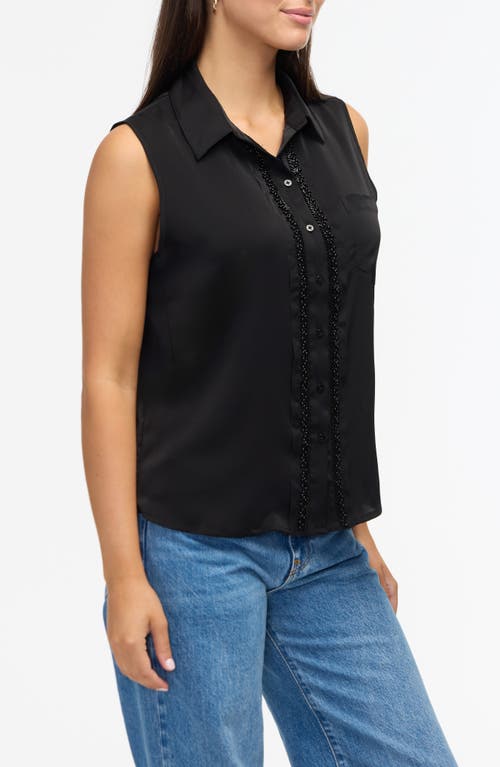 Ellen Tracy Beaded Sleeveless Button-up Shirt In Black