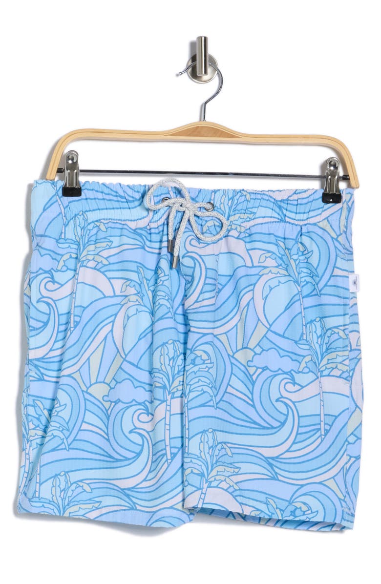 Vintage Summer Print Seersucker Volley Swim Trunks, Alternate, color, Aqua