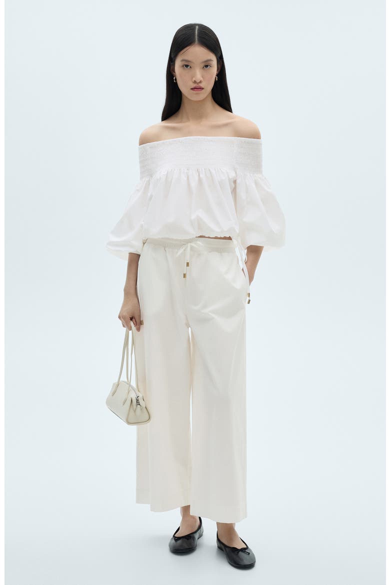 Gathered Off the Shoulder Cotton Blend Top, Alternate, color, WHITE