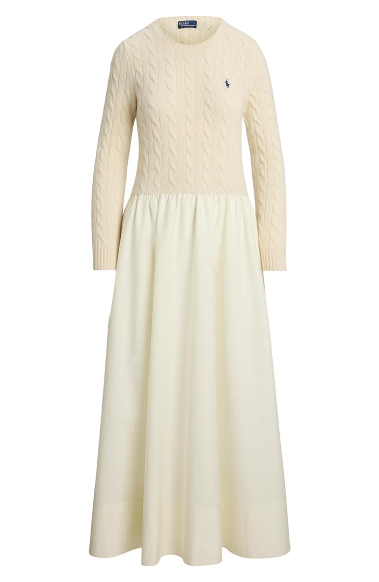 Polo Ralph Lauren Mixed Media Cable Stitch Long Sleeve Maxi Dress, Alternate, color, Authentic Cream