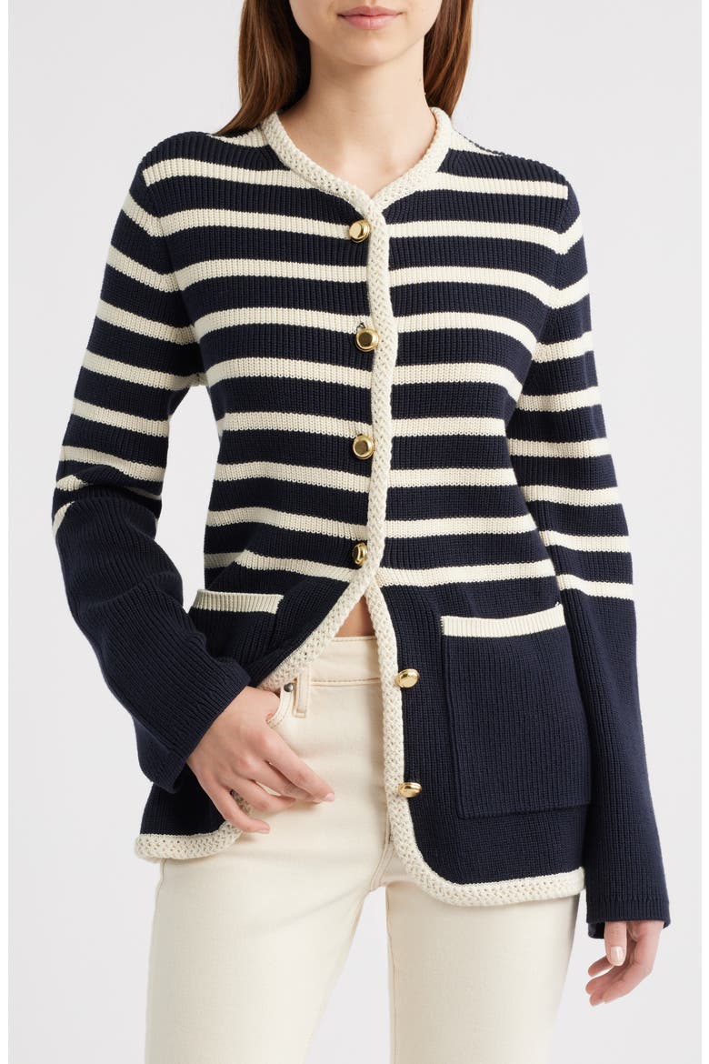 Nora Stripe Cotton Blend Cardigan, Main, color, NAVY/ CREAM