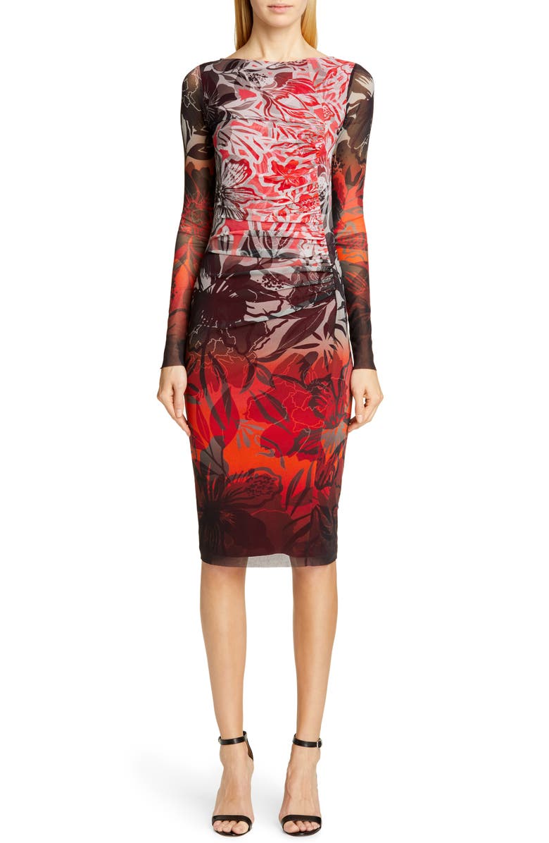 Fuzzi Dégradé Floral Long Sleeve Ruched Dress, Main, color, 