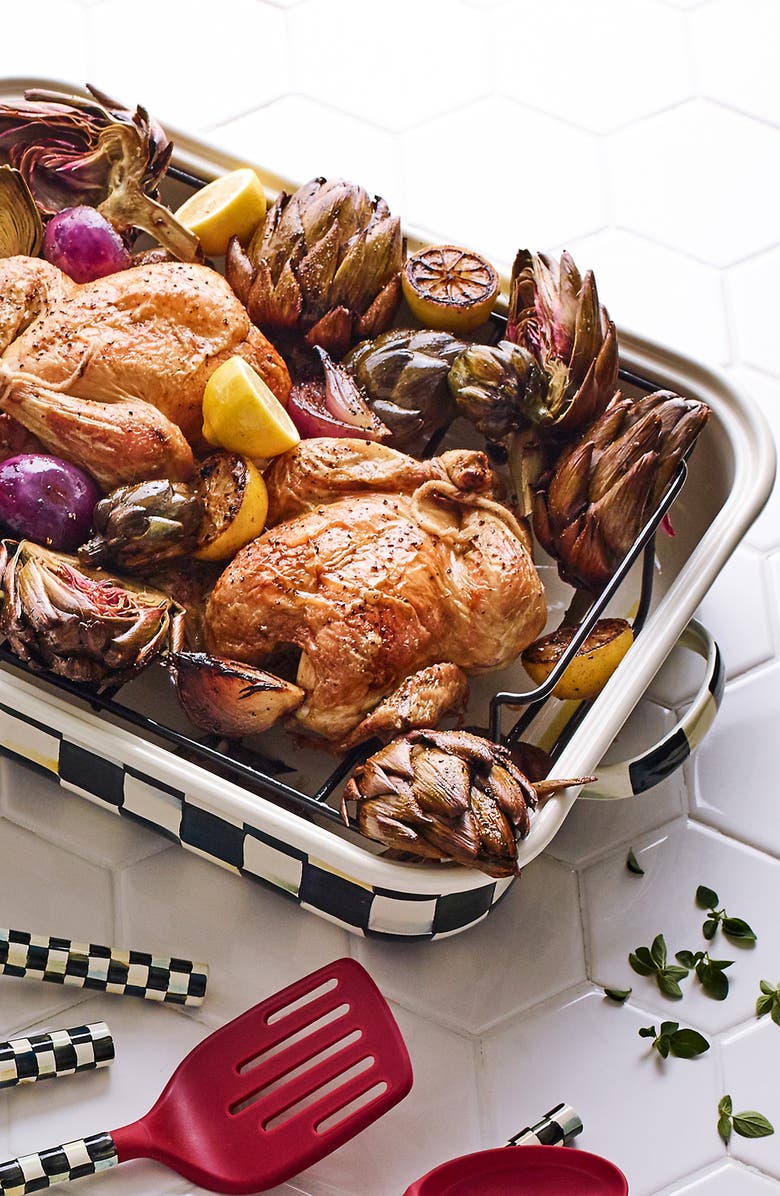 MACKENZIE CHILDS Sterling Check Enameled Steel Roasting Pan & Rack, Alternate, color, Black/ White