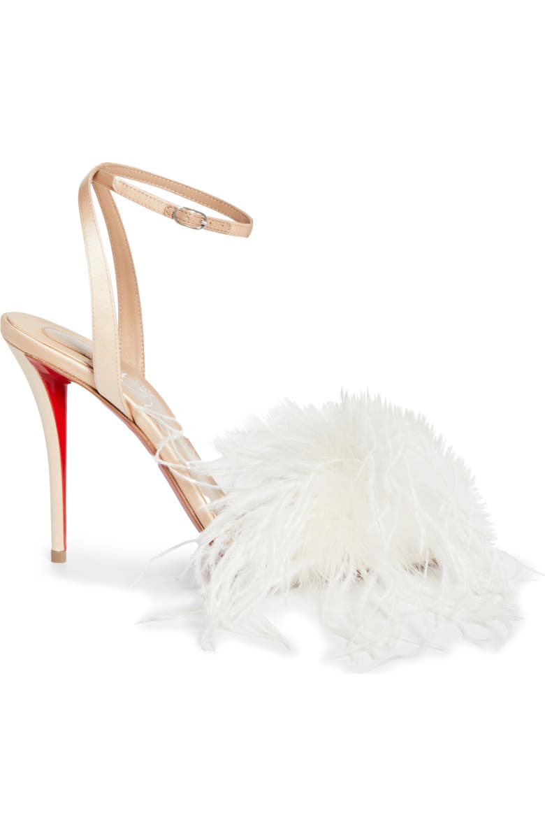 Christian Louboutin Miss Z Loubipoupi Feather Embellished Ankle Strap Sandal, Alternate, color, Blush/ Ivory