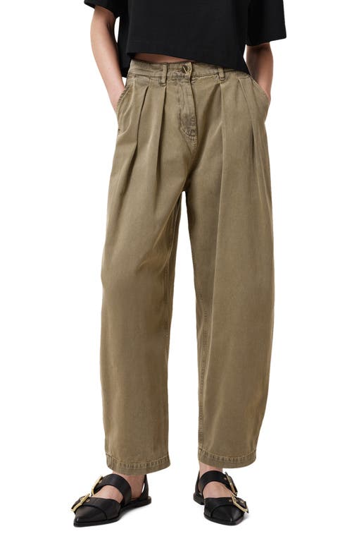 Allsaints Becca Pleated Barrel Leg Denim Trousers In Khaki Green