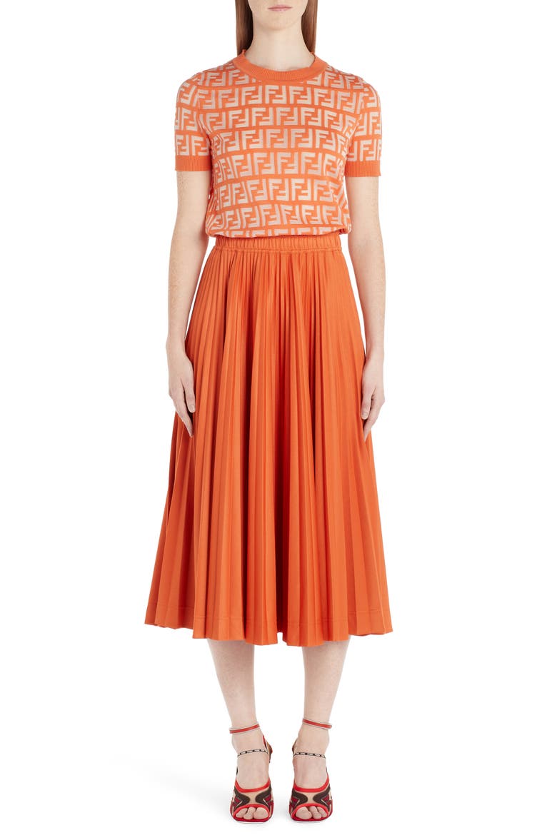 Pleated Jersey Midi Skirt, Alternate, color, KUMQUAT