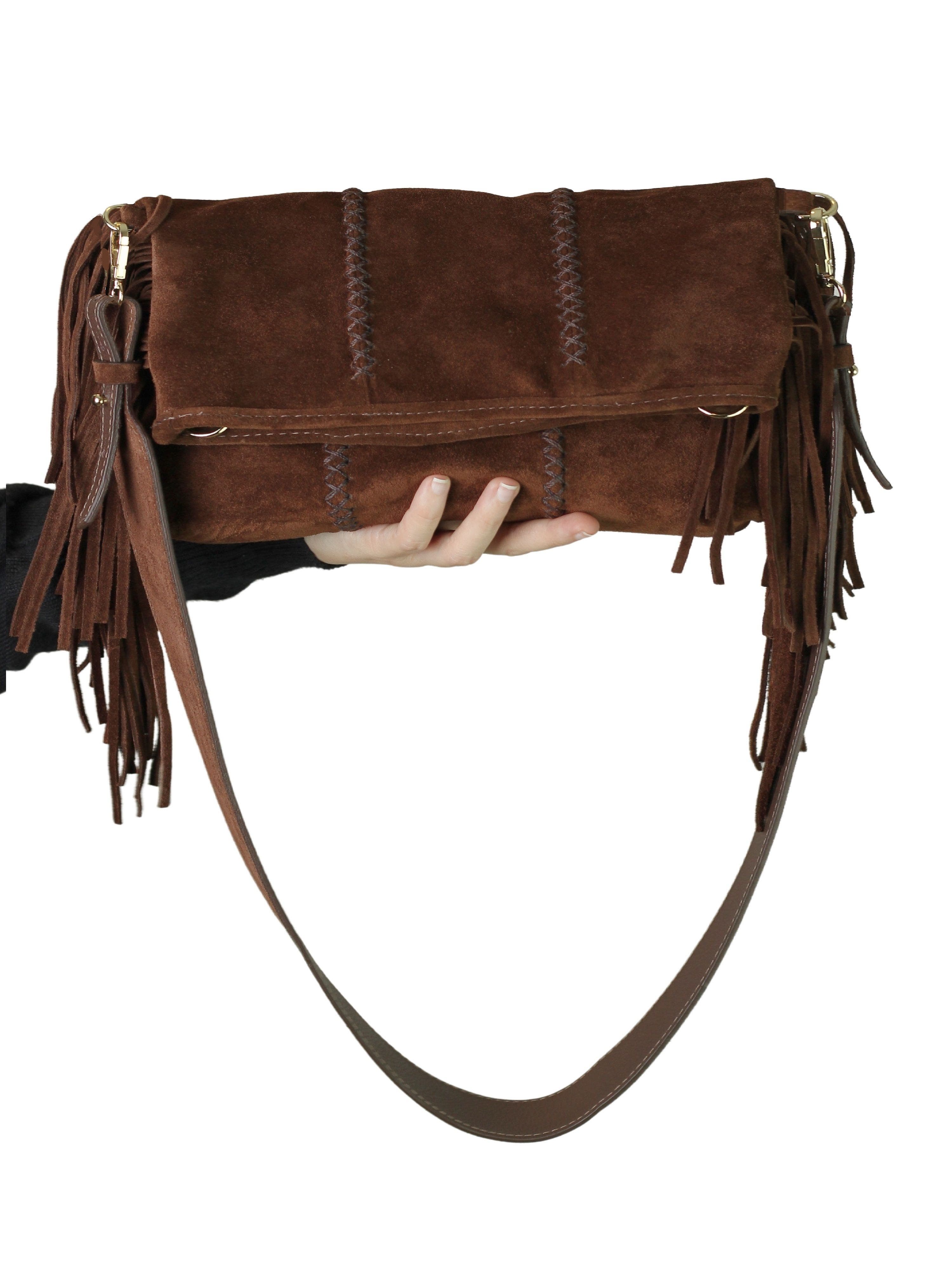Carlos Falchi Large Fringe Suede Crossbody Messenger, Alternate, color, Cocoa