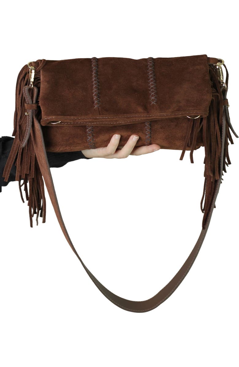 Carlos Falchi Large Fringe Suede Crossbody Messenger, Alternate, color, Cocoa