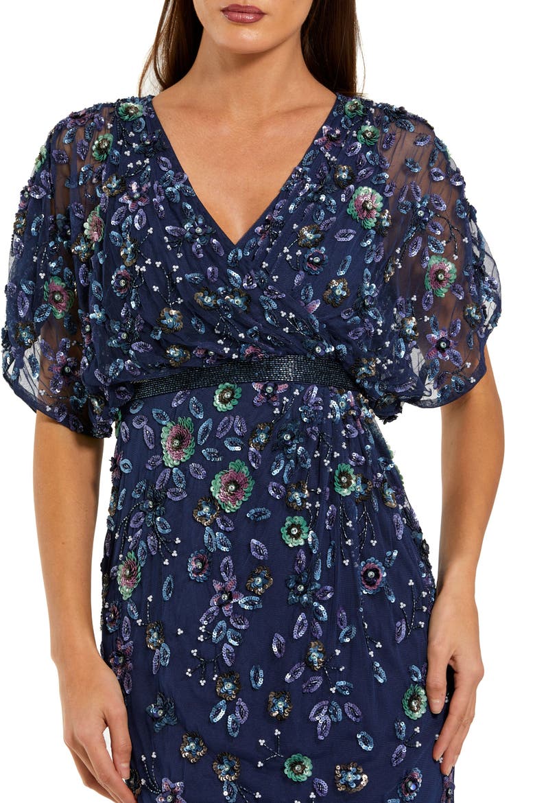 Floral Embellished Short Sleeve Blouson Gown, Alternate, color, Navy