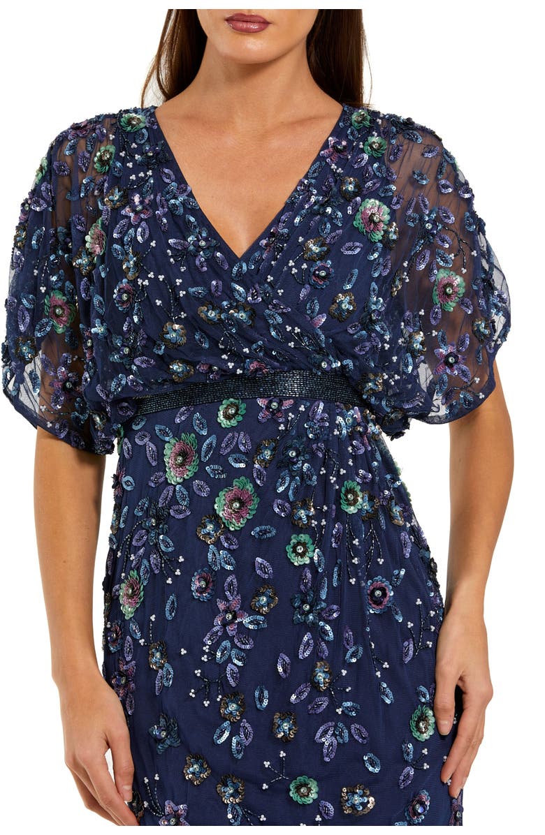 Mac Duggal Floral Embellished Short Sleeve Blouson Gown, Alternate, color, Navy