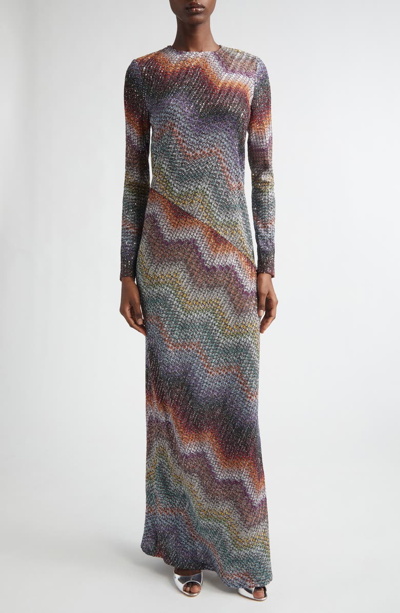 Missoni Greek Zigzag Sequin Lamé Long Sleeve Dress, Main, color, Multi Dark