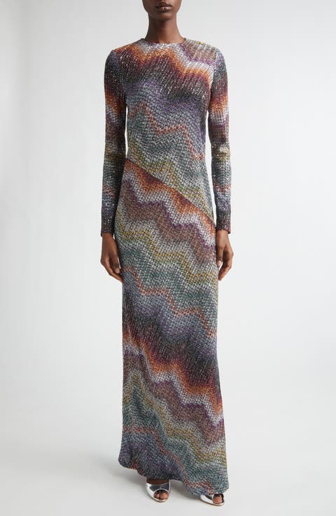 Greek Zigzag Sequin Lamé Long Sleeve Dress