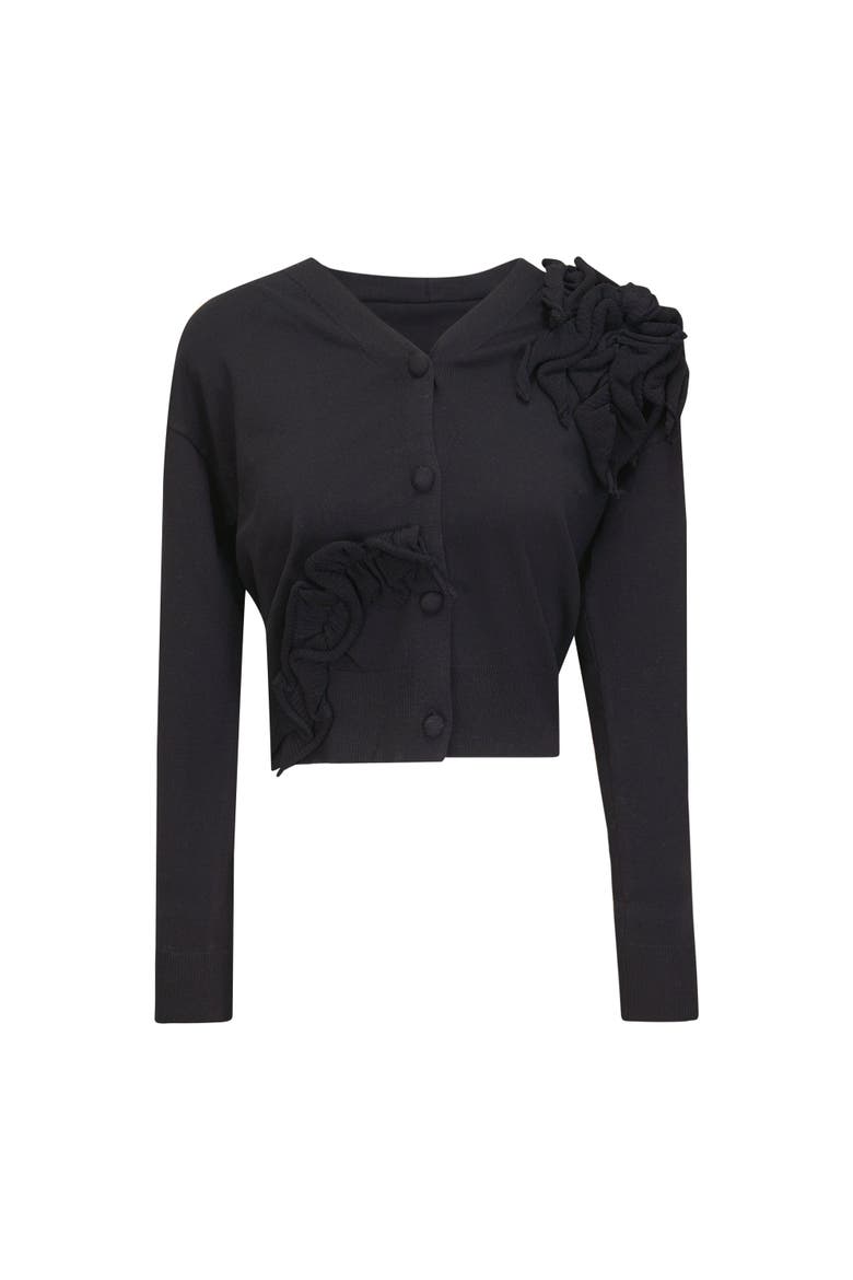 Cropped Floral Applique Button Front Knit Cardigan, Main, color, Black