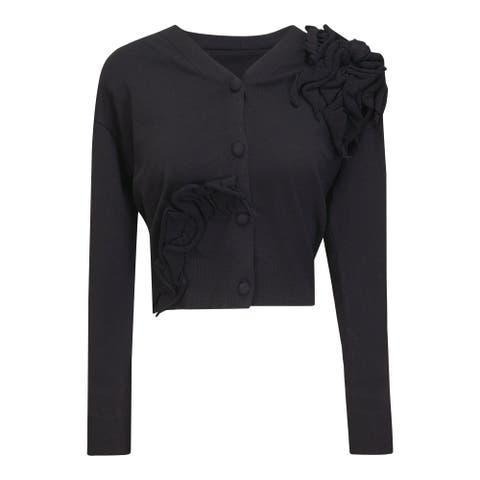 Cropped Floral Applique Button Front Knit Cardigan