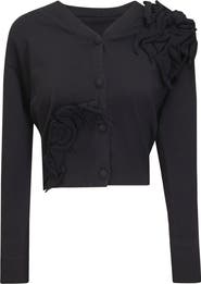 Milan Italy Cropped Floral Applique Button Front Knit Cardigan