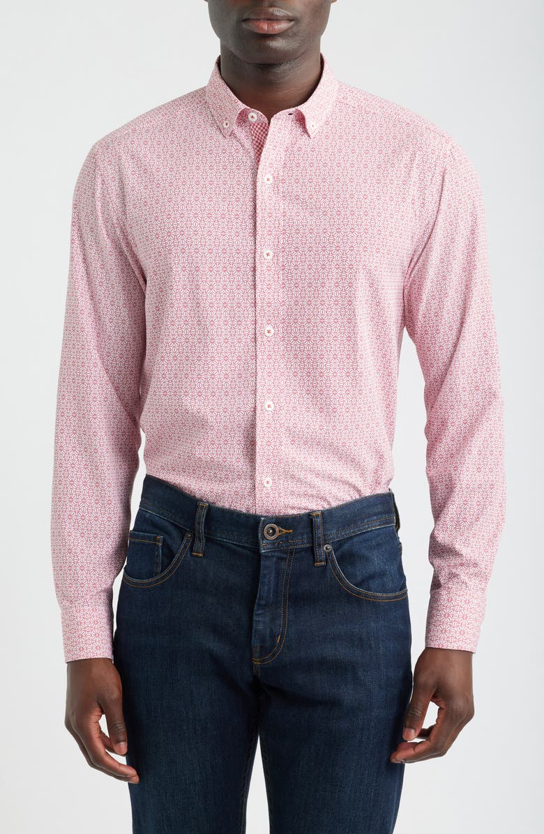 Johnston & Murphy XC+<sup>™</sup> Football Print Performance Button-Down Shirt, Main, color, Red