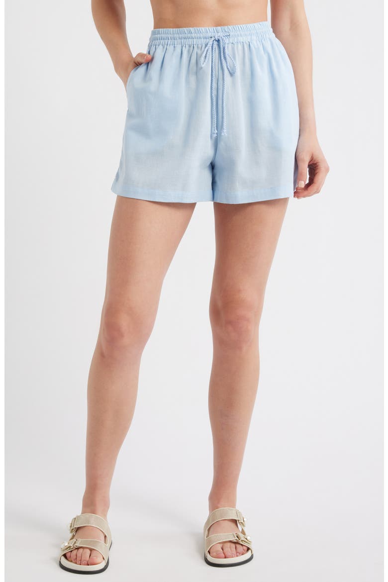 Linen Blend Drawstring Cover-Up Shorts, Main, color, BLUE FLOATY
