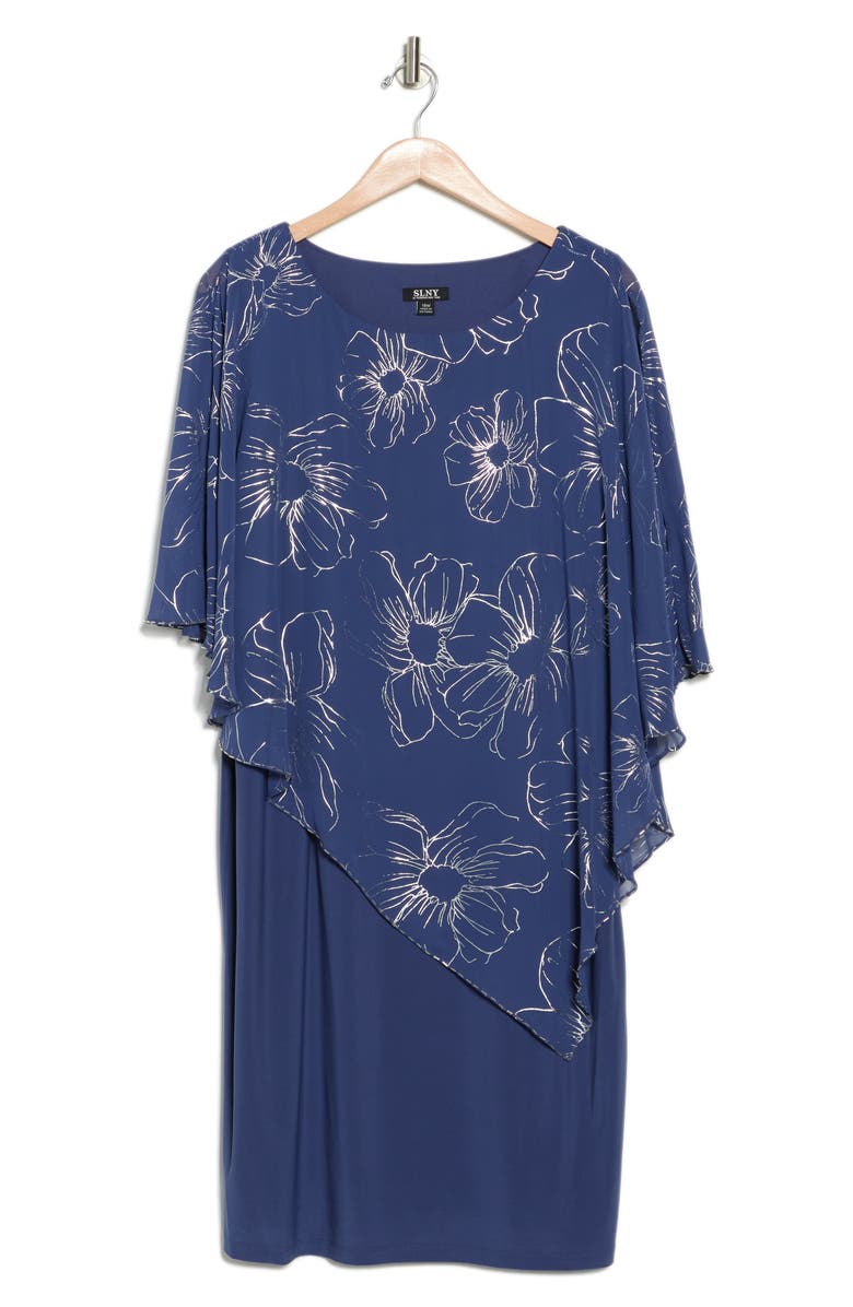 SL FASHIONS Floral Asymmetric Popover Shift Dress, Alternate, color, Wedgewood