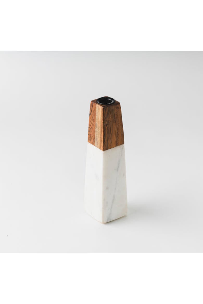 Tapered White Marble & Acacia Sculptural Candleholder, Alternate, color, White - Large