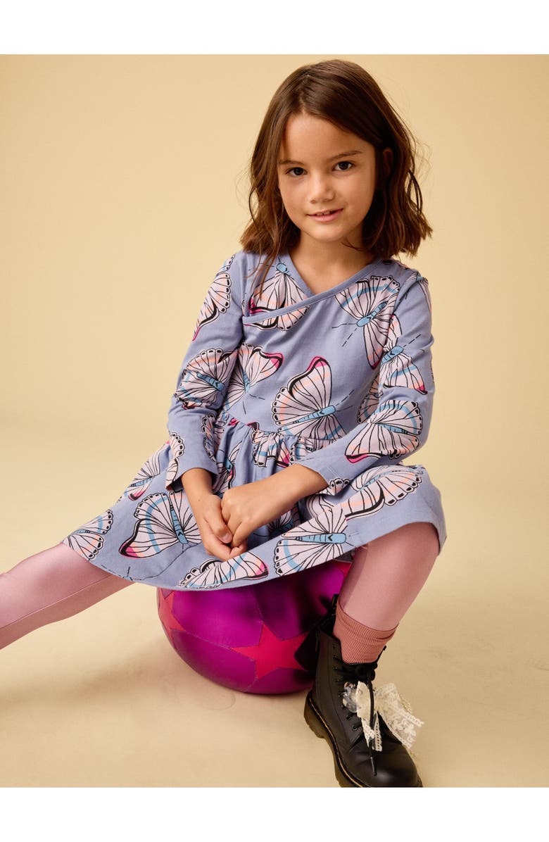 Tea Collection Long Sleeve Wrap Neck Dress, Alternate, color, Butterfly Dance