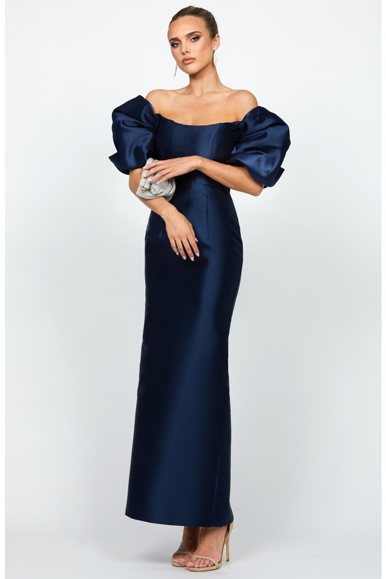 Meredith Puff Sleeves Scooped Gown, Alternate, color, NAVY