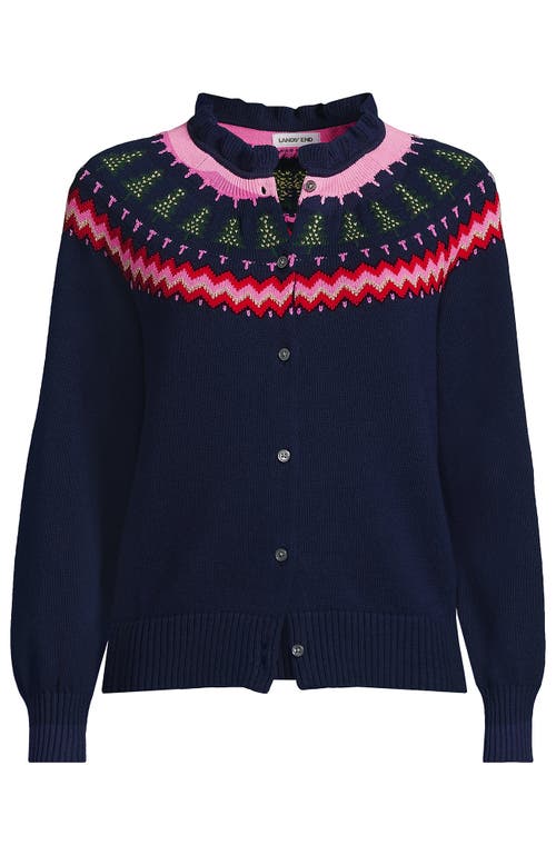 Lands' End Drifter Lurex Ruffle Neck Jacquard Cardigan Sweater In Multi