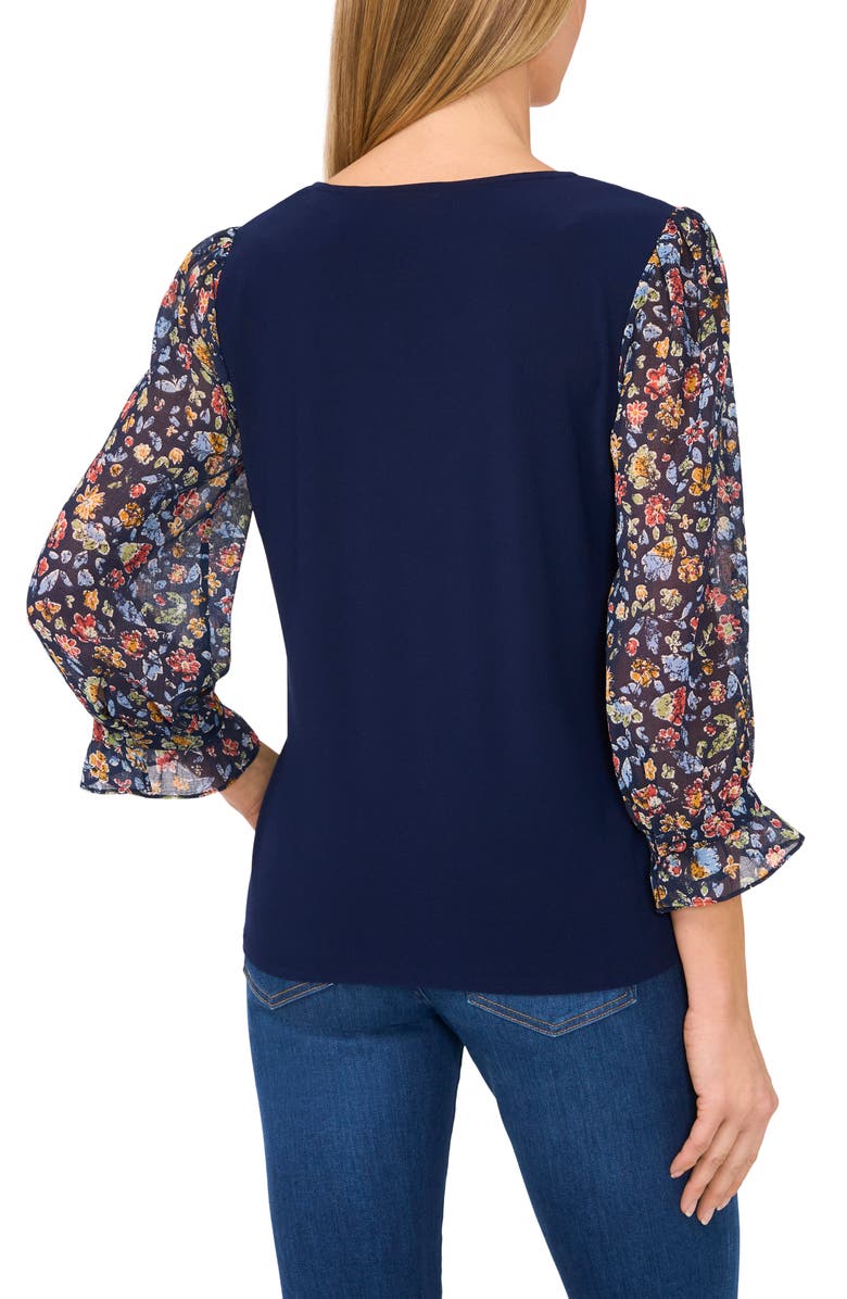 CeCe Floral Sleeve V-Neck Mixed Media Top, Alternate, color,