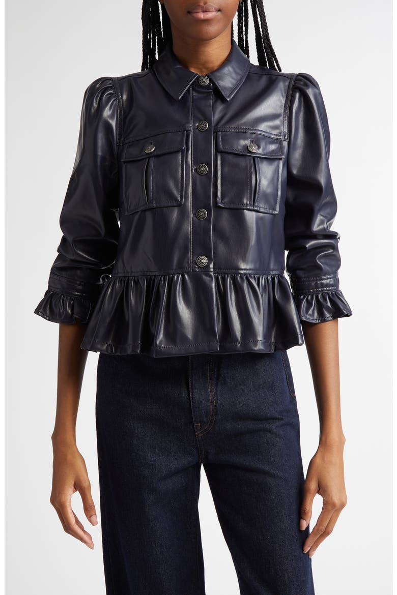 Delanie Faux Leather Peplum Jacket, Main, color, NAVY