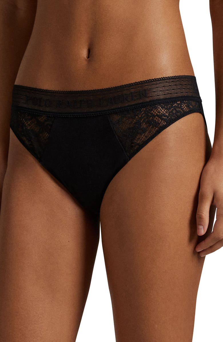 Polo Ralph Lauren Lace & Stretch Cotton Rib Bikini, Alternate, color, Onyx