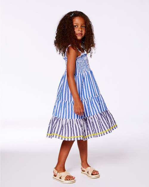 Deux Par Deux Girl's Smocked Seersucker Peasant Dress Blue And White Striped In Blue And White Striped