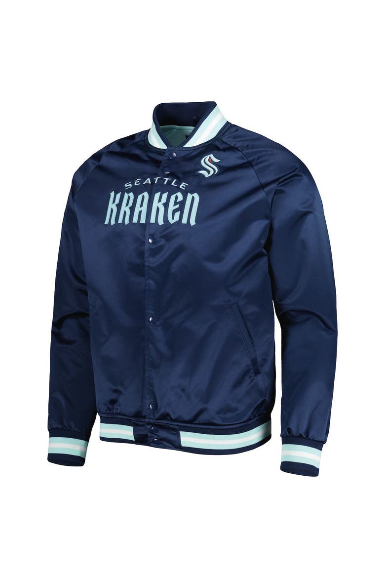 Men's Mitchell & Ness Deep Sea Blue Seattle Kraken Satin Full-Snap Raglan Varsity Jacket, Alternate, color, Navy