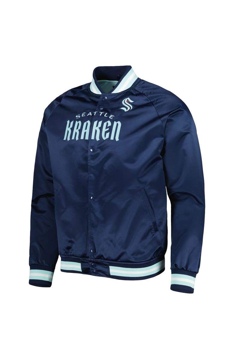 Mitchell & Ness Men's Mitchell & Ness Deep Sea Blue Seattle Kraken Satin Full-Snap Raglan Varsity Jacket, Alternate, color, Navy