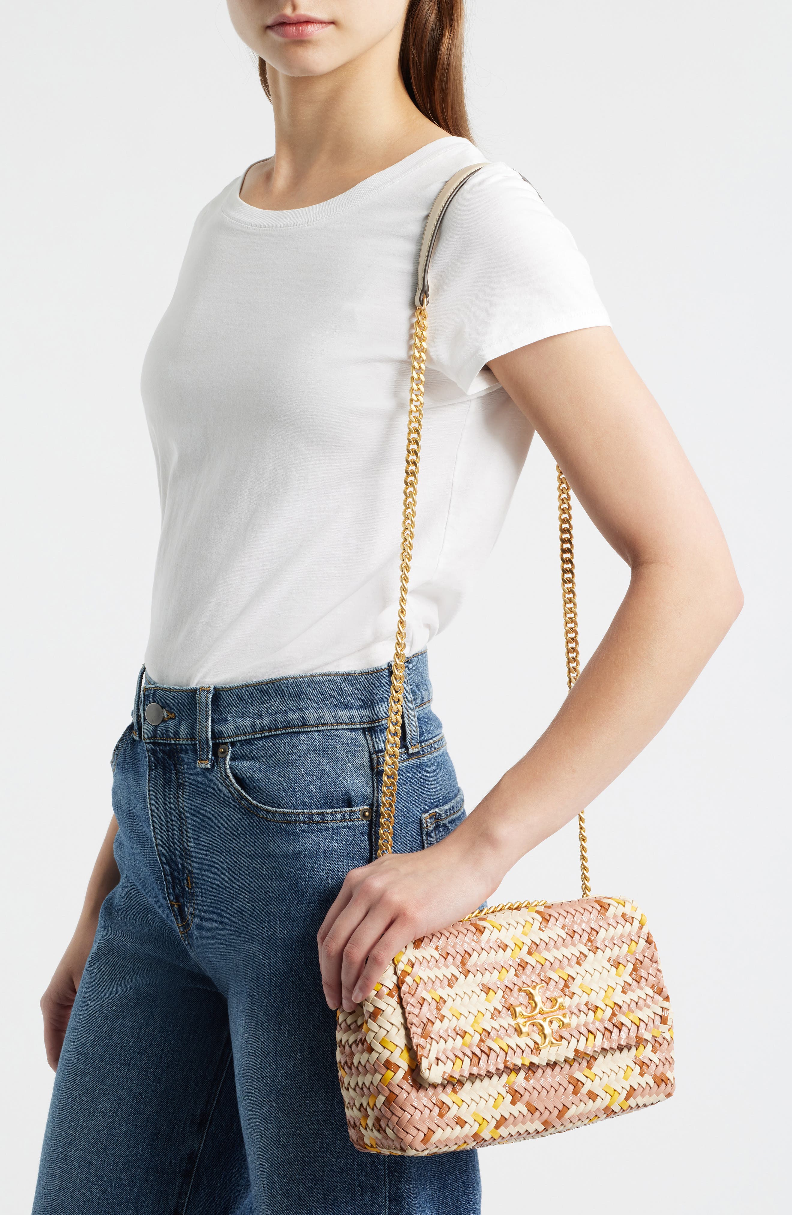 Tory Burch Small Kira Woven Leather Crossbody Bag, Alternate, color, Pink Moon/ Cream/ Goldfinch