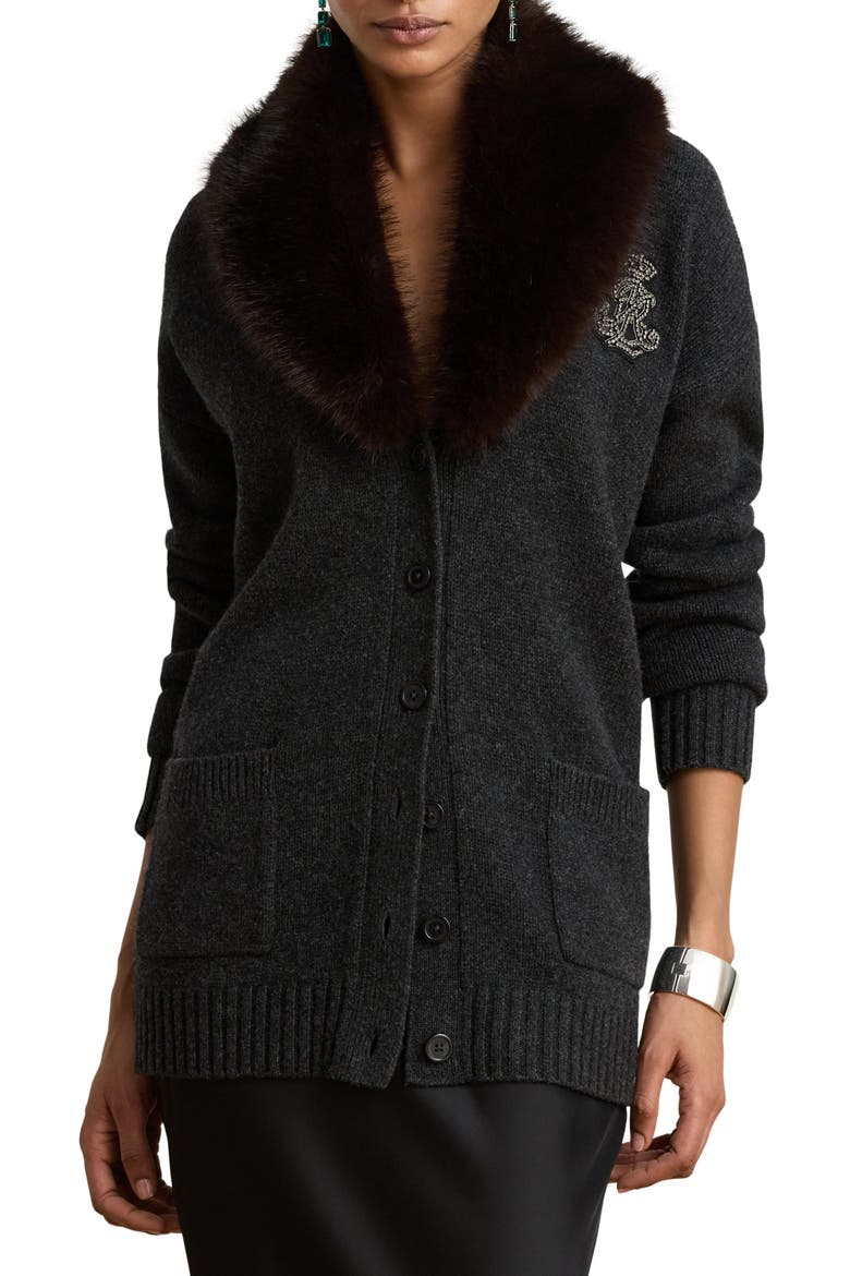 Faux Fur Trim Wool & Cashmere Cardigan, Main, color, GREY