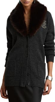 Lauren Ralph Lauren Faux Fur Trim Wool & Cashmere Cardigan