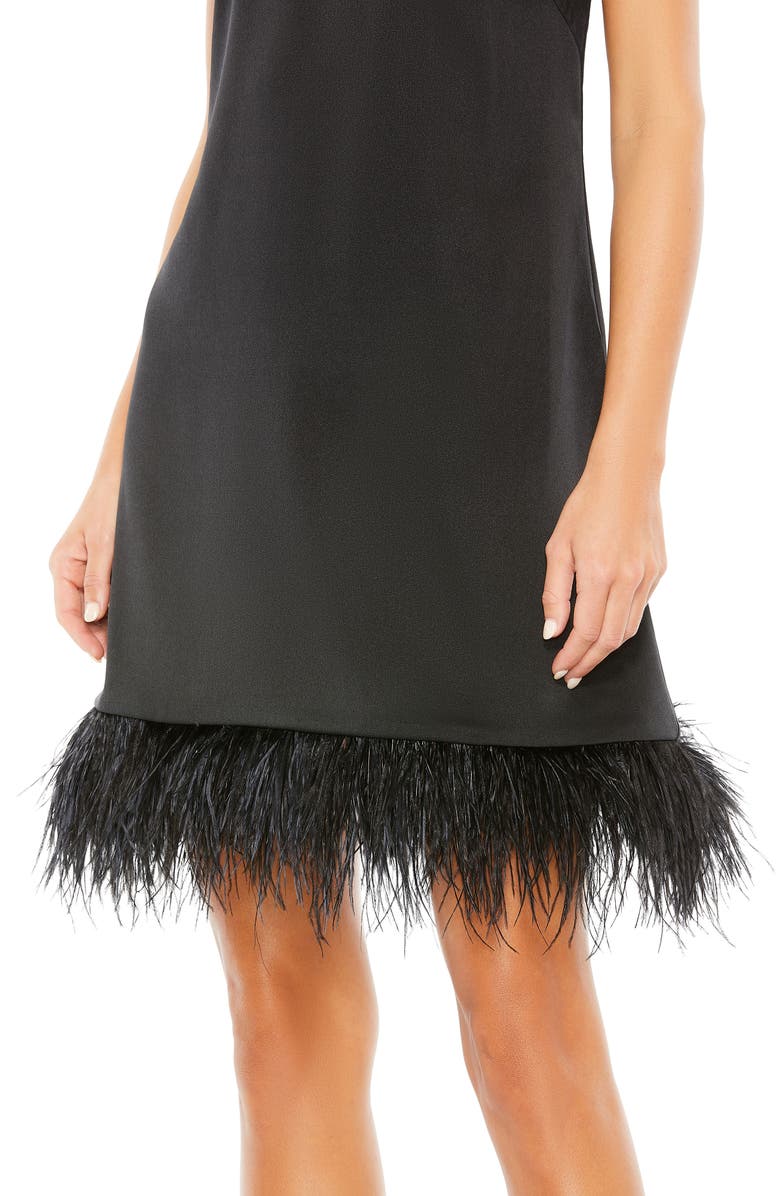 Mac Duggal Feather Hem High Neck A-Line Dress, Alternate, color, Black