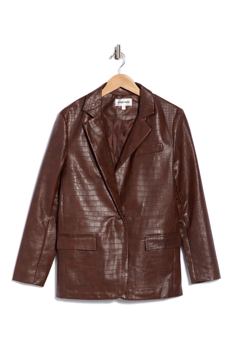 Croc Embossed Faux Leather Blazer, Alternate, color, CHOCOLATE