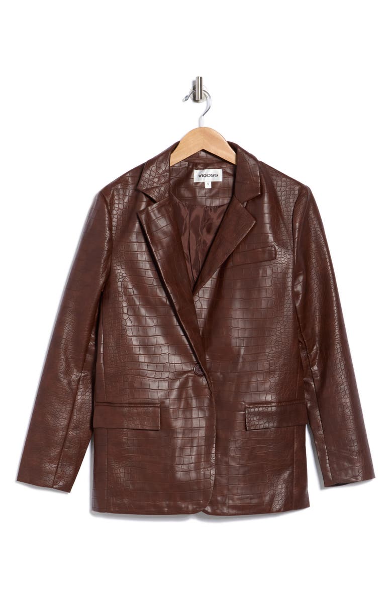 Vigoss Croc Embossed Faux Leather Blazer, Alternate, color, Chocolate