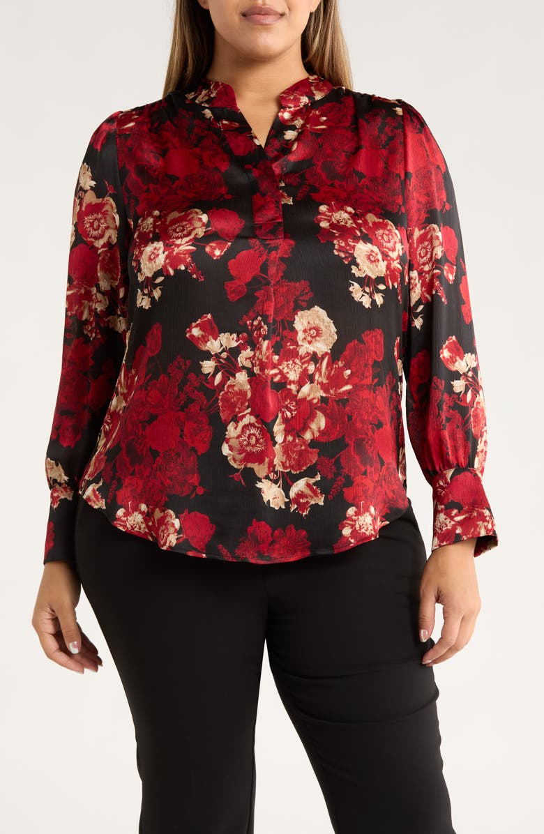 Anne Klein Pleated Print Split Neck Top, Main, color, Anne Black Multi