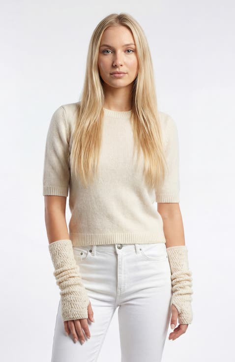 Cashmere long fingerless gloves with pearls