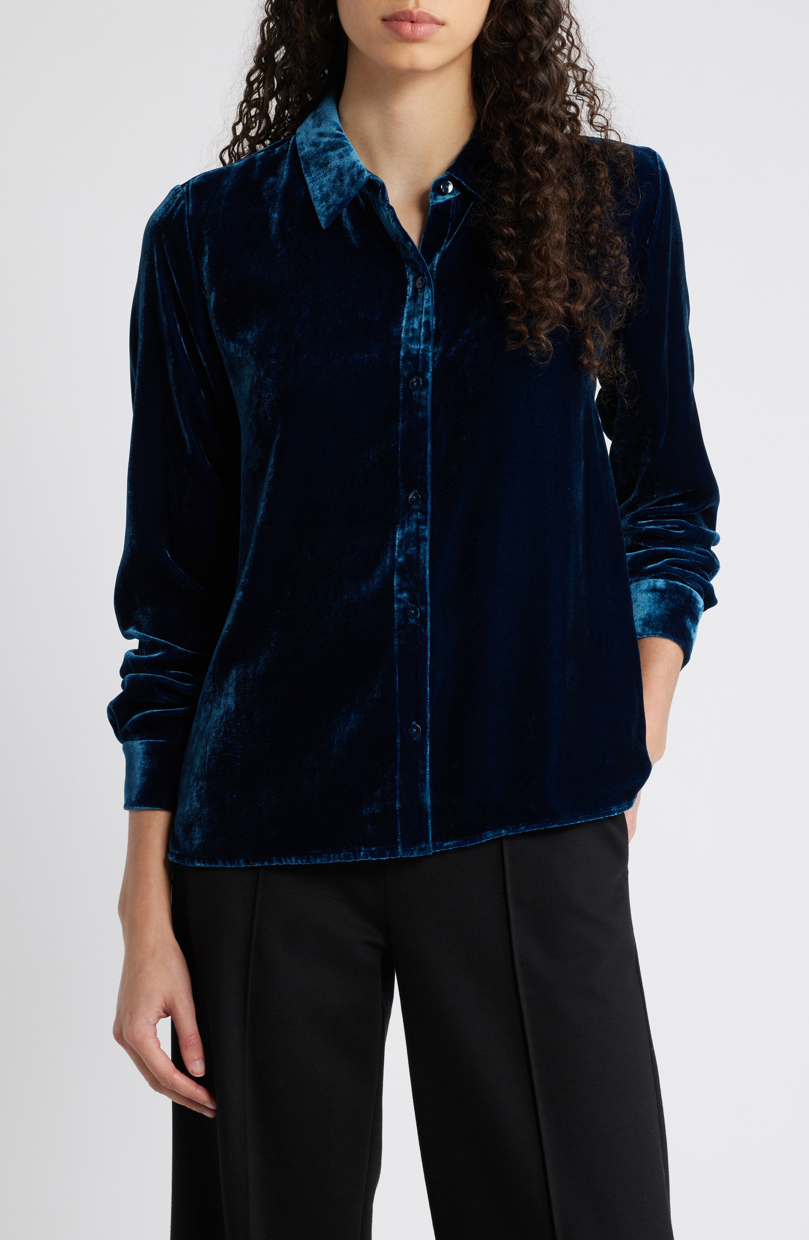 Eileen Fisher Classic Collar Easy Velvet Button-Up Shirt