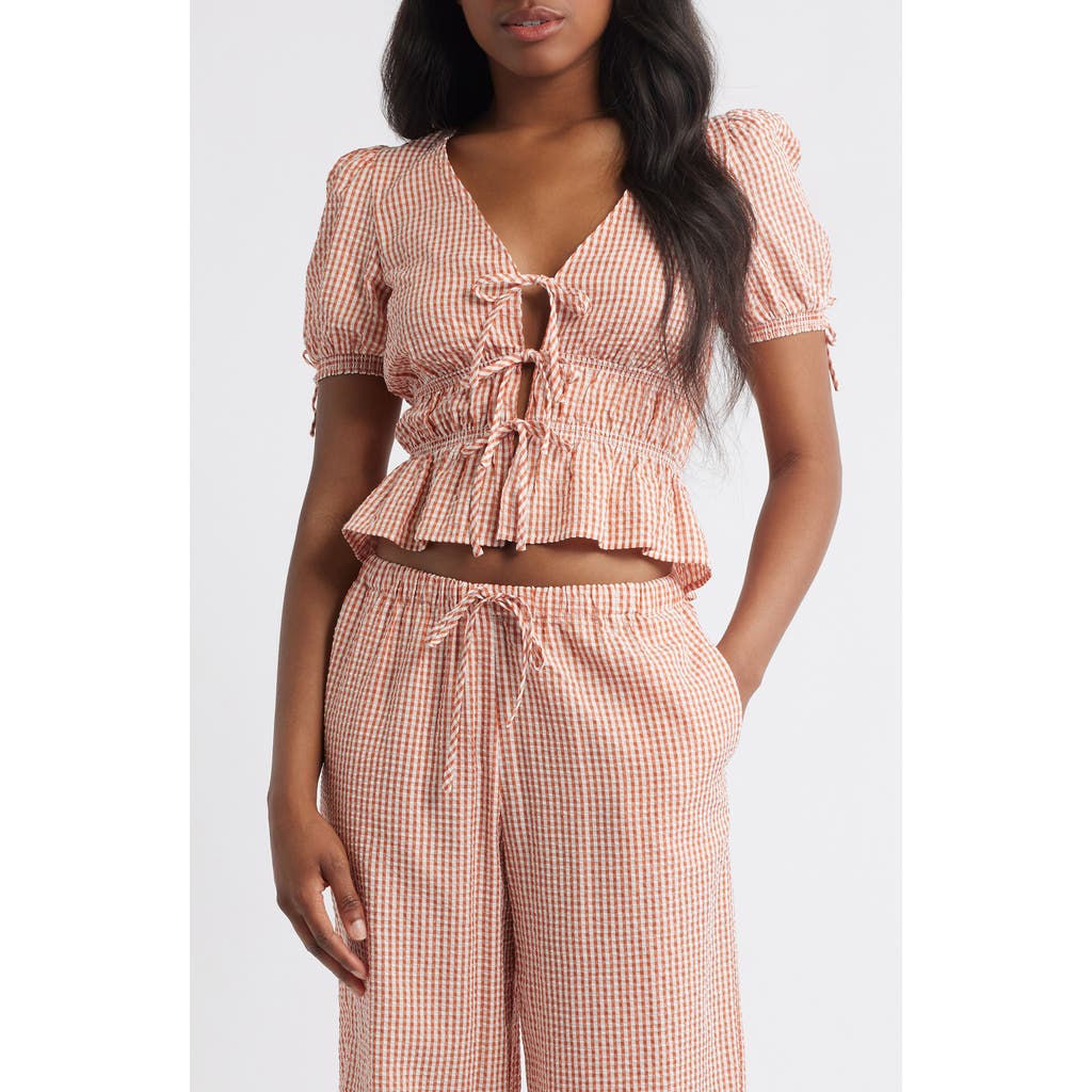 WAYF WAYF X STYLED BY COCO! NINA GINGHAM SEERSUCKER TIE FRONT TOP