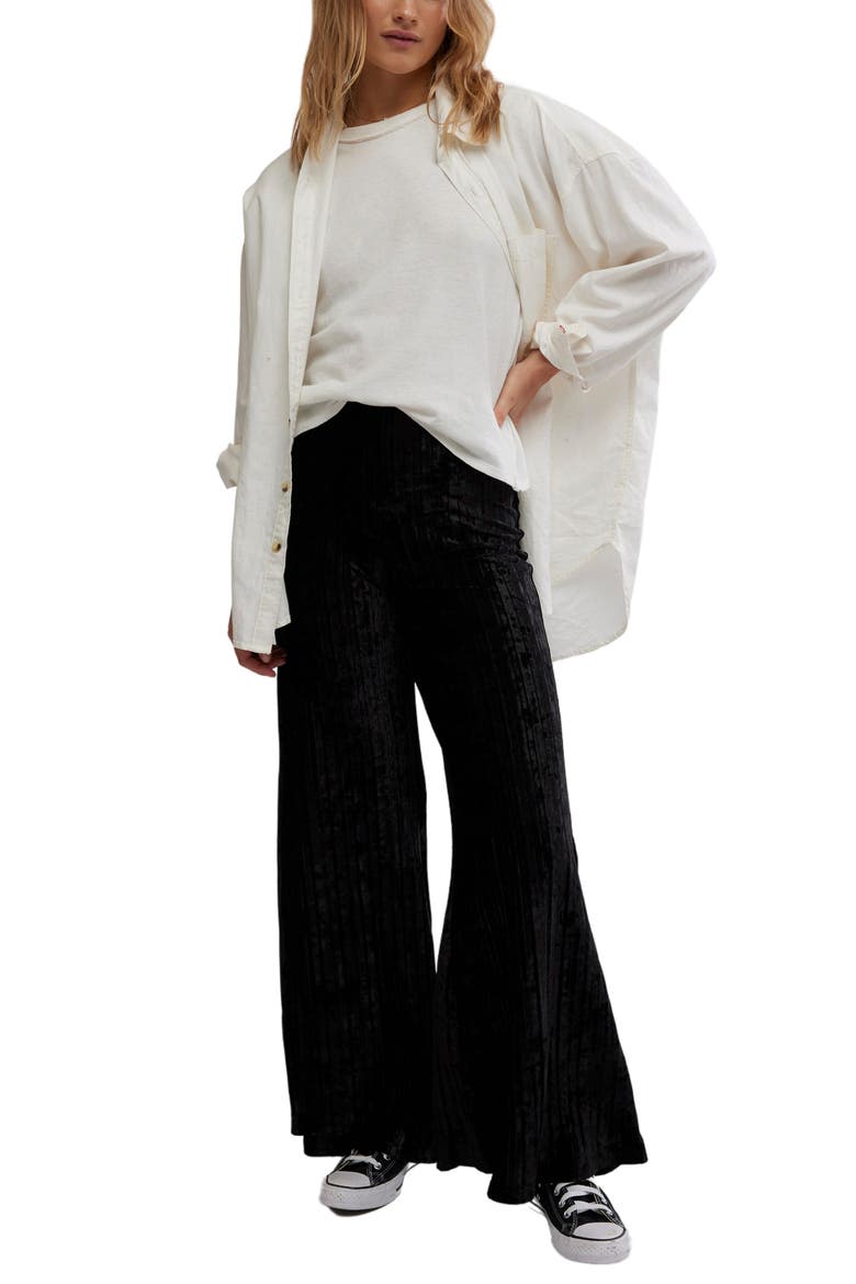 Star Sign Ribbed Wide Leg Velvet Pants, Alternate, color, BLACK