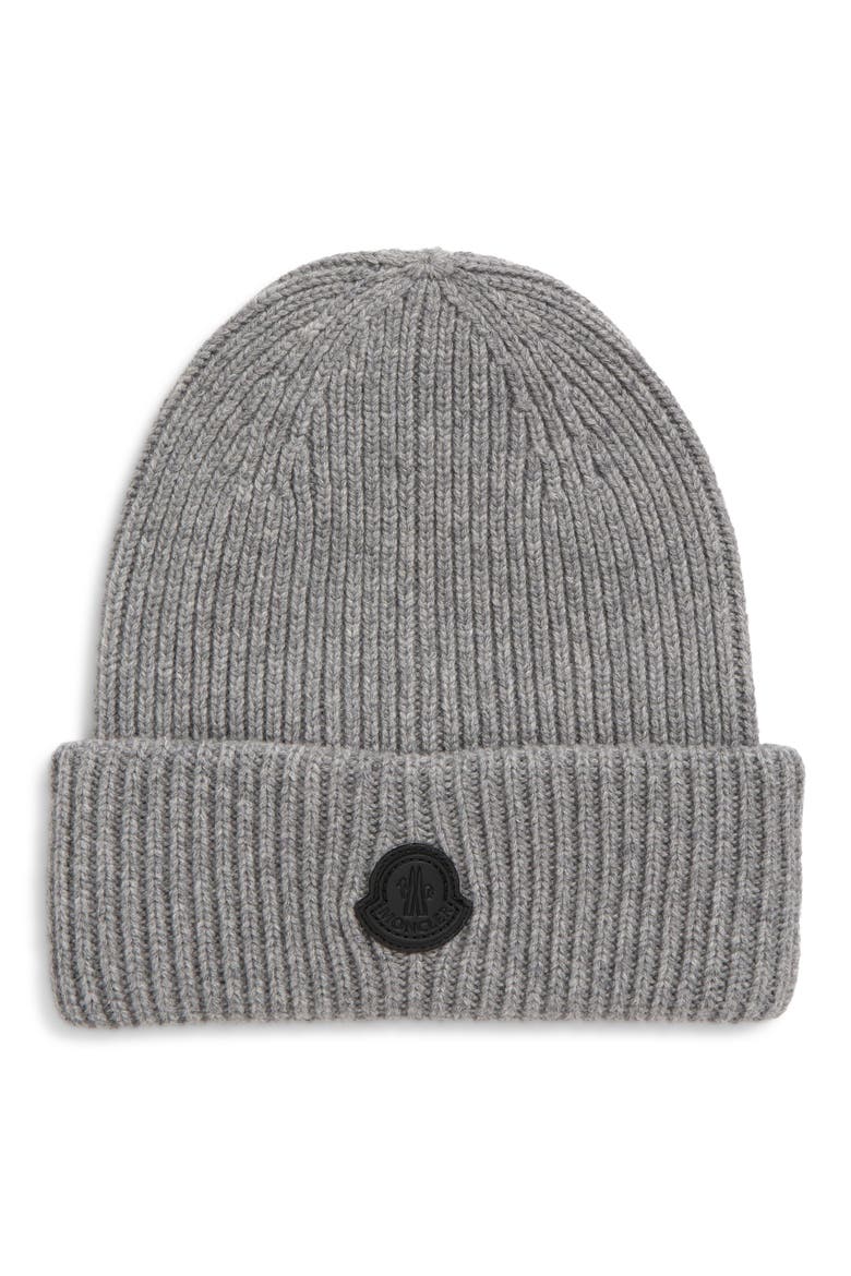 Leather Logo Patch Cashmere Beanie, Main, color, GRAPHITE GRAY
