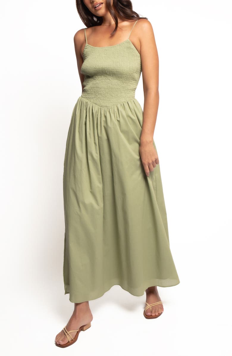 Petal & Pup Cagnes Smocked Cotton Maxi Sundress, Main, color, Olive