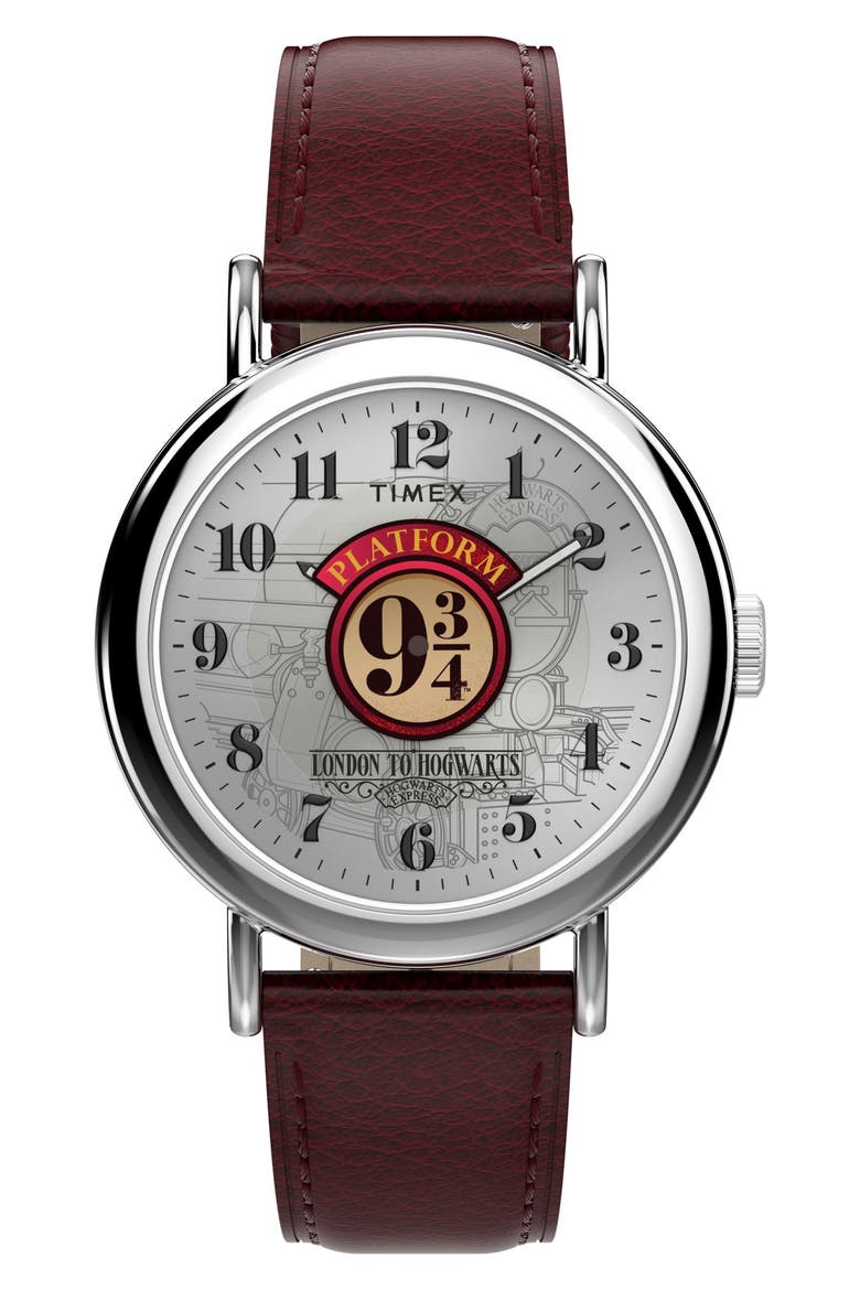Harry Potter x Timex Weekender Platform 9 3/4 37mm Leather Strap Watch, Main, color, WHITE/ SILVER-TONE