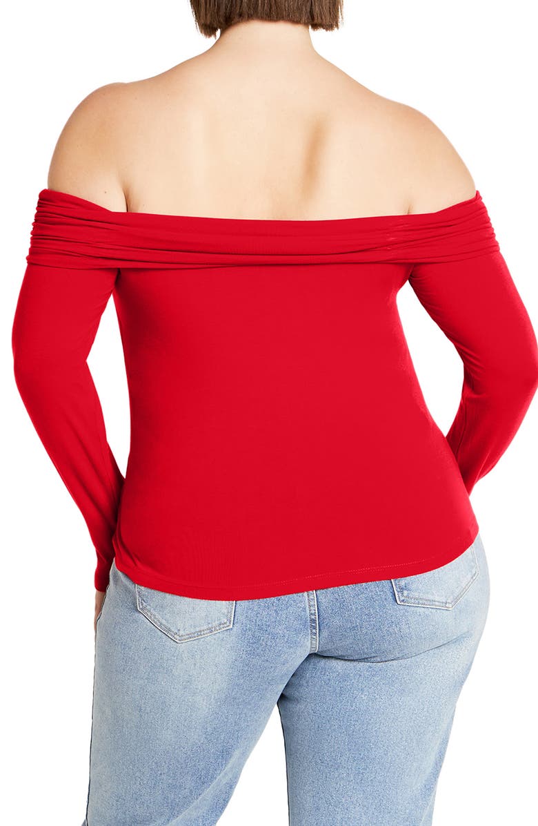 City Chic Jojo Ruched Off the Shoulder Long Sleeve Top, Alternate, color, Red