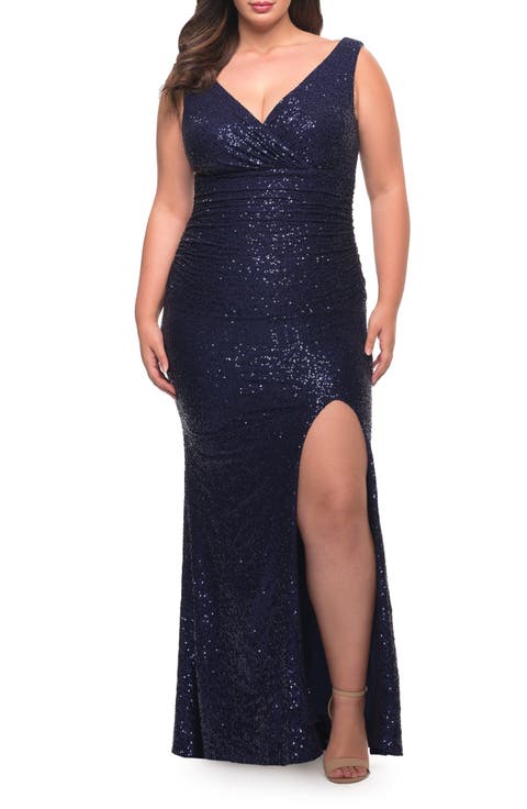 Stretch Sequin Plus Size Gown with Slit and V Neck
