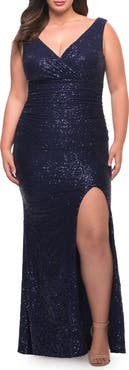 La Femme Stretch Sequin Plus Size Gown with Slit and V Neck