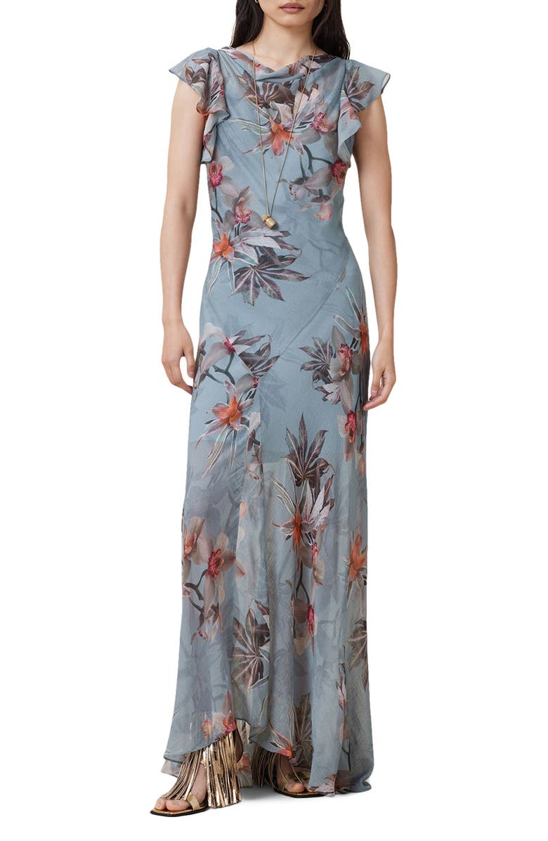 AllSaints Floral Ruffle Maxi Dress, Main, color, Adena Dusty Blue